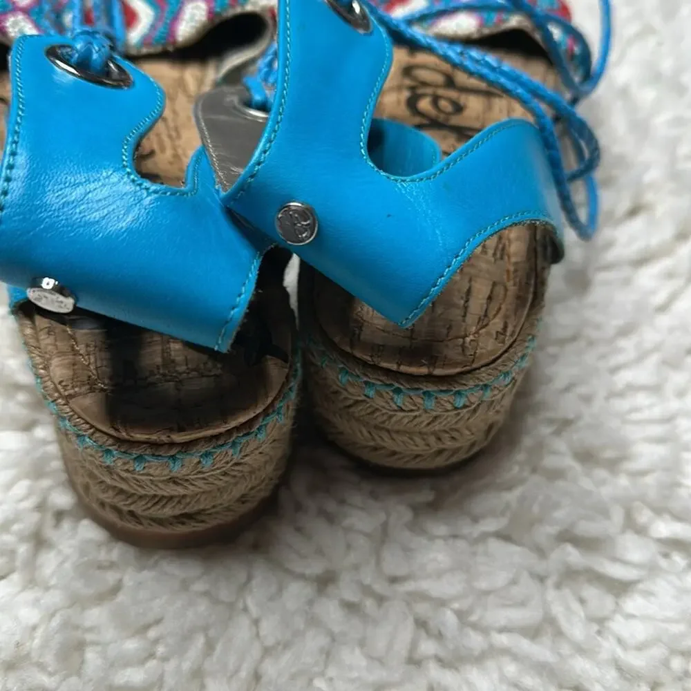 Sam Edelman Colorful Patterned Beaded Women Sandals Lace Up Espadrille Platform